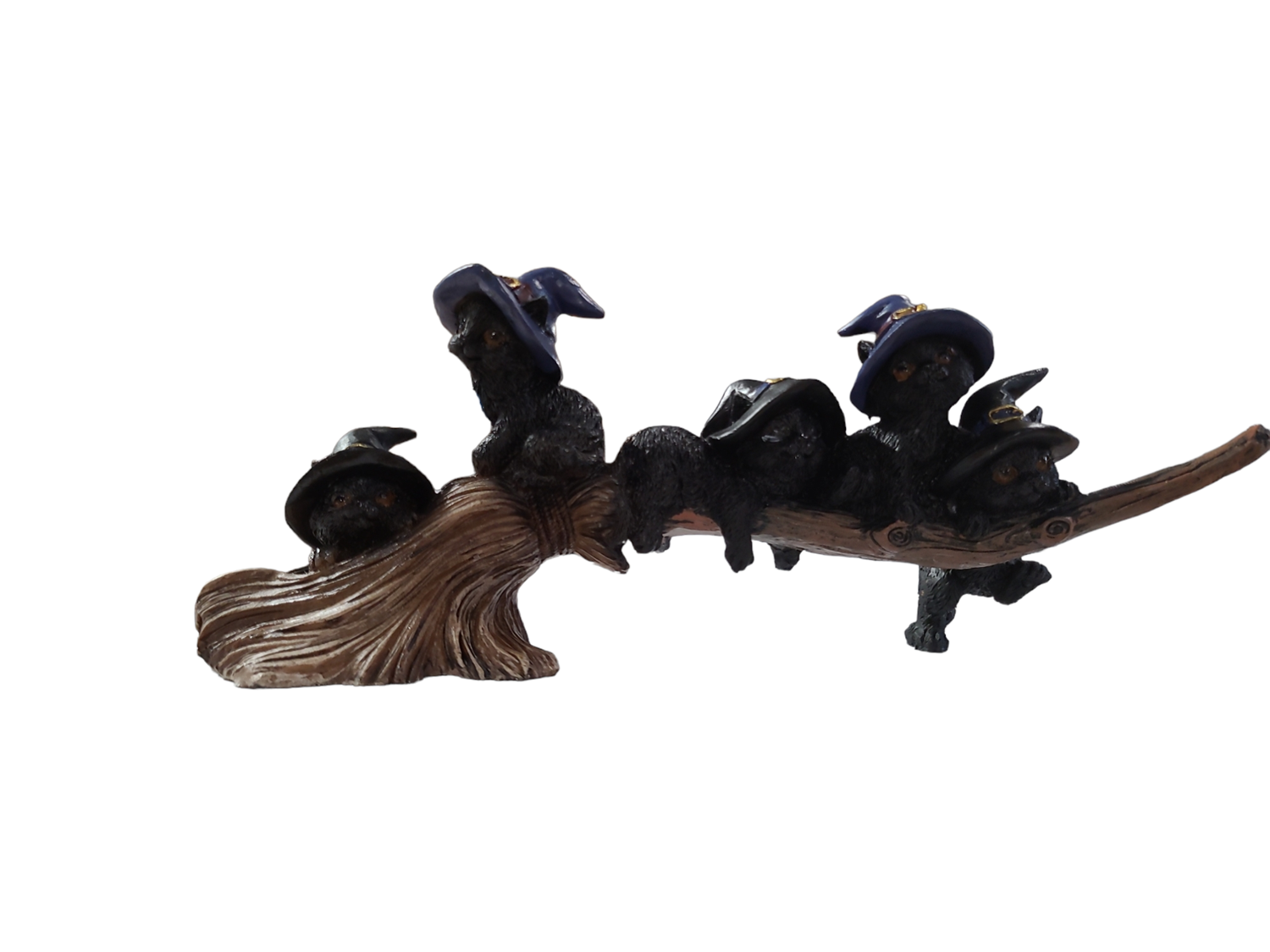 Black Cats playing on broomstick - 28cm