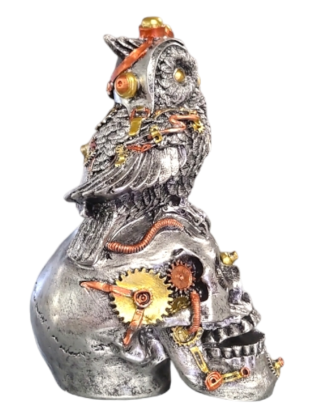 Steampunk Owl With Skull - Silver - 18cm