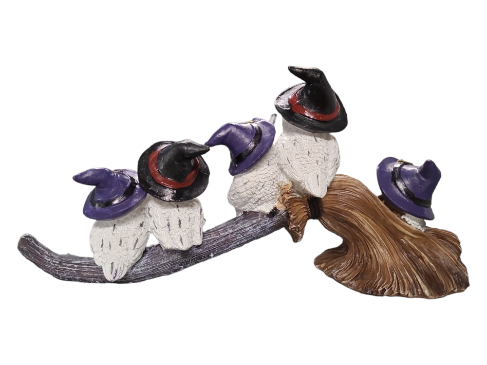 5 Witch Owls Playing On Broomstick - 27cm