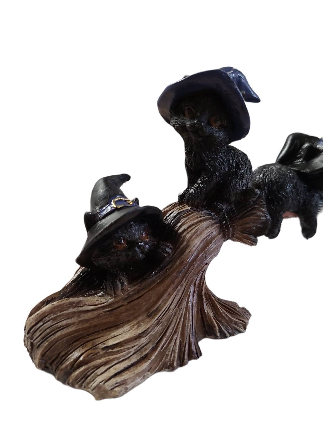 Black Cats playing on broomstick - 28cm
